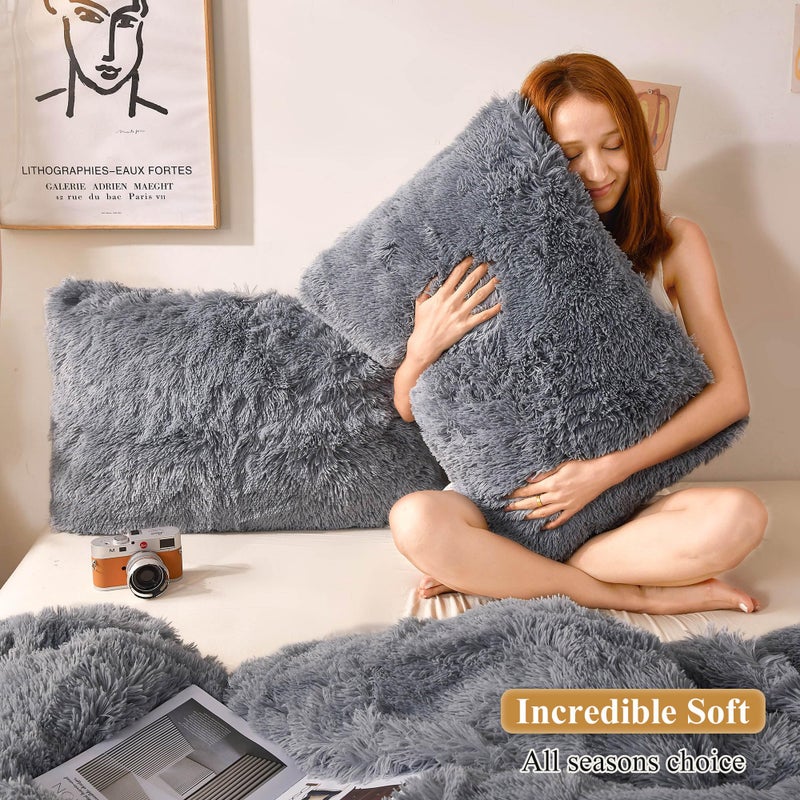 XeGe Faux Fur Throw Pillow Cases, Plush Shaggy Ultra Soft Pillow Covers, Fluffy Crystal Velvet Decorative Pillowcases, Furry Fuzzy Pillow Shams Zipper Closure, Set of 2 (Standard, Light Gray) - Image 5